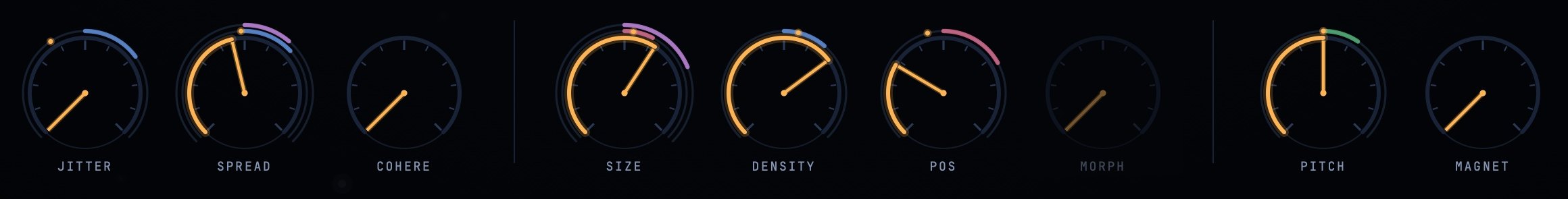 Murmur's dial row: JITTER, SPREAD, COHERE, SIZE, DENSITY, POS, MORPH, PITCH, MAGNET
