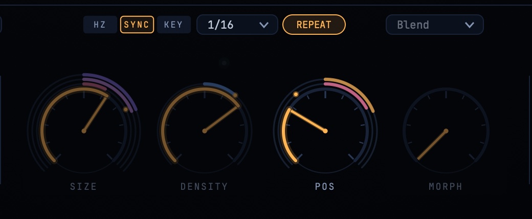 The SYNC cluster with REPEAT engaged, and the inert SIZE dial