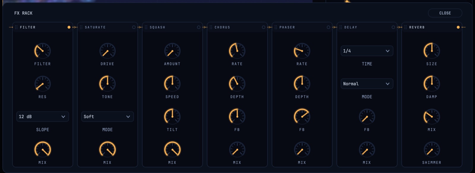 The FX drawer: seven effect modules laid out in a row, each with its own controls.