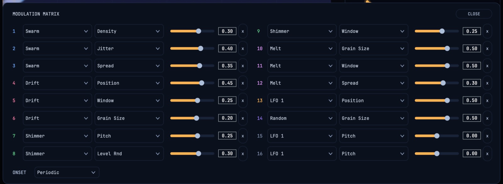 The ROUTING drawer: a matrix of modulation routes, each with a source, a destination and a depth.